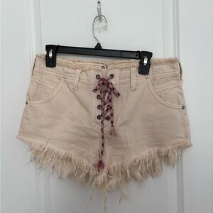 Free People Tan Jean Shorts with Distressed Hem and Lace-Up Detail